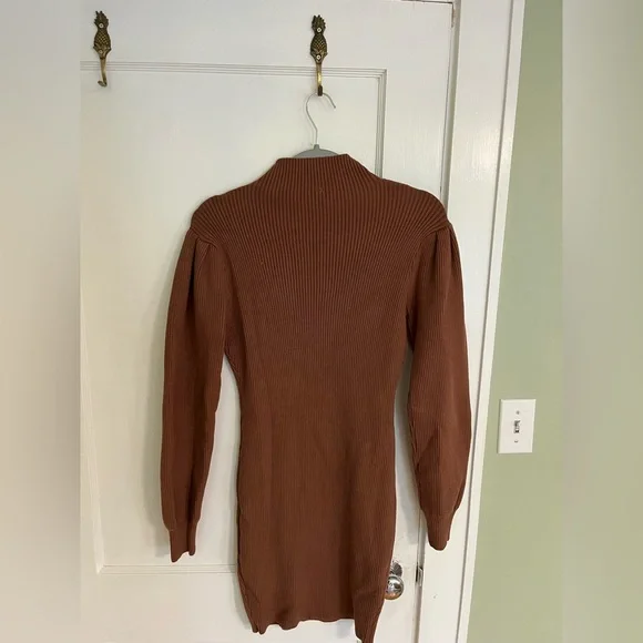 Brown Ribbed Mock Neck Bishop Sleeve Dress - Picture 3 of 3